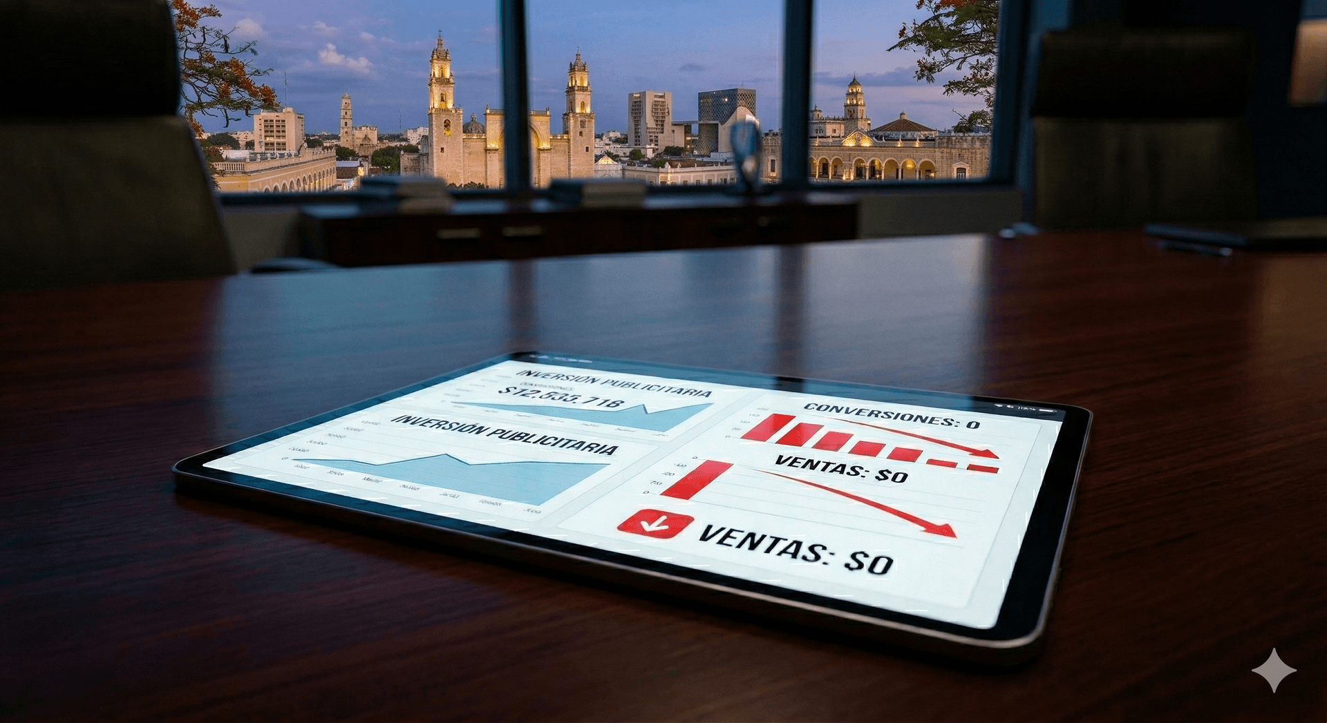 Primer plano realista y profesional de una tablet sobre una mesa de juntas de madera oscura; en la pantalla se observa un gráfico de inversión publicitaria con indicadores en rojo, simbolizando el desperdicio de presupuesto en pautas digitales mal gestionadas, con una ciudad profesional e intermedia de fondo a través de una ventana. Primer plano realista y profesional de una tablet sobre una mesa de juntas de madera oscura; en la pantalla se observa un gráfico de inversión publicitaria con indicadores en rojo, simbolizando el desperdicio de presupuesto en pautas digitales mal gestionadas, con una ciudad profesional e intermedia de fondo a través de una ventana.