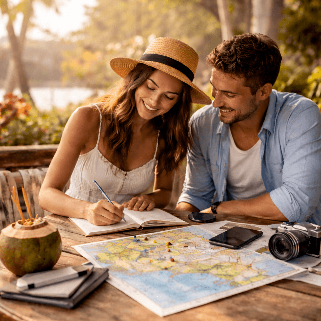Couple planning a trip together with map and journal outdoors Couple planning a trip together with map and journal outdoors