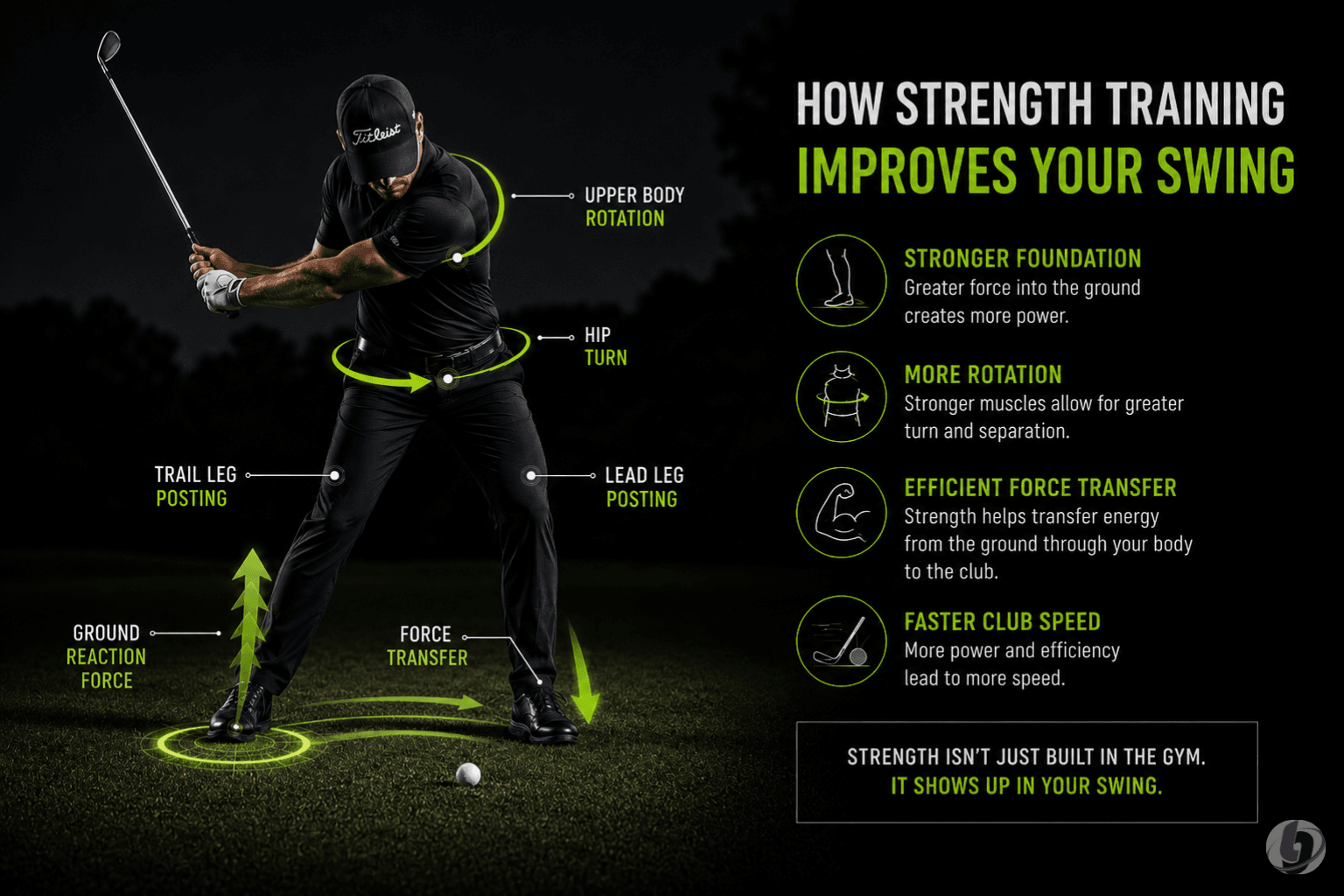 Golf strength training diagram showing hip rotation, ground reaction force, force transfer, and upper body sequencing in the golf swing