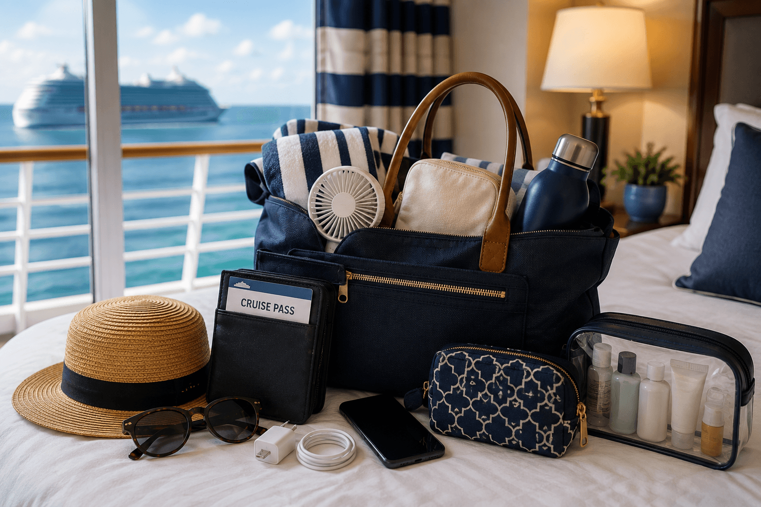 Cruise day bag with travel essentials on a cabin bed. Cruise day bag with travel essentials on a cabin bed.