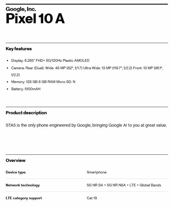 Fiche technique du Google Pixel 10A Fiche technique du Google Pixel 10A