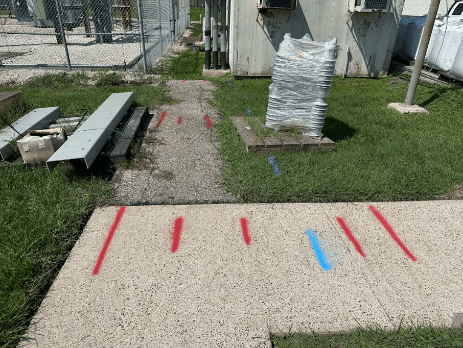 Industrial utility locating at a plant site in Corpus Christi, TX with marked underground utilities