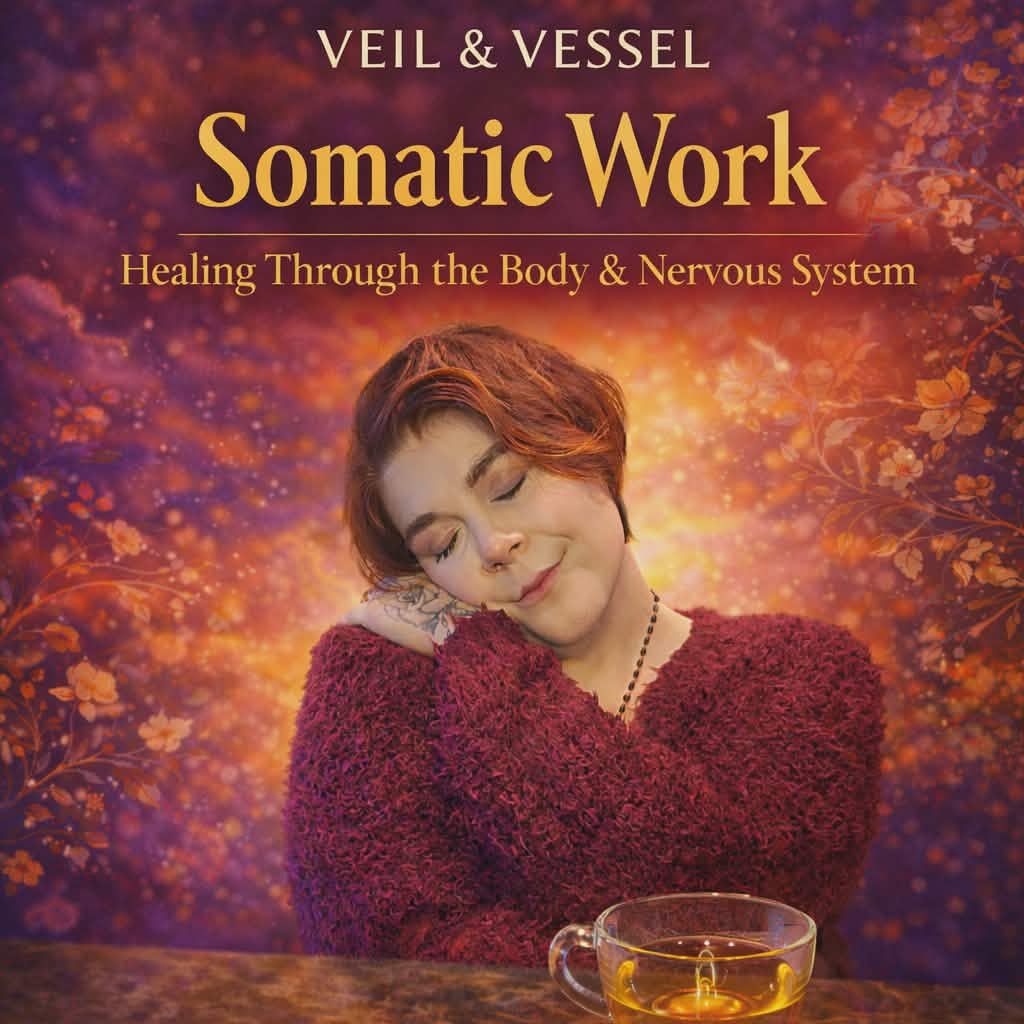 Woman resting peacefully with eyes closed representing somatic healing, body awareness, and nervous system regulation through Veil & Vessel. Woman resting peacefully with eyes closed representing somatic healing, body awareness, and nervous system regulation through Veil & Vessel.