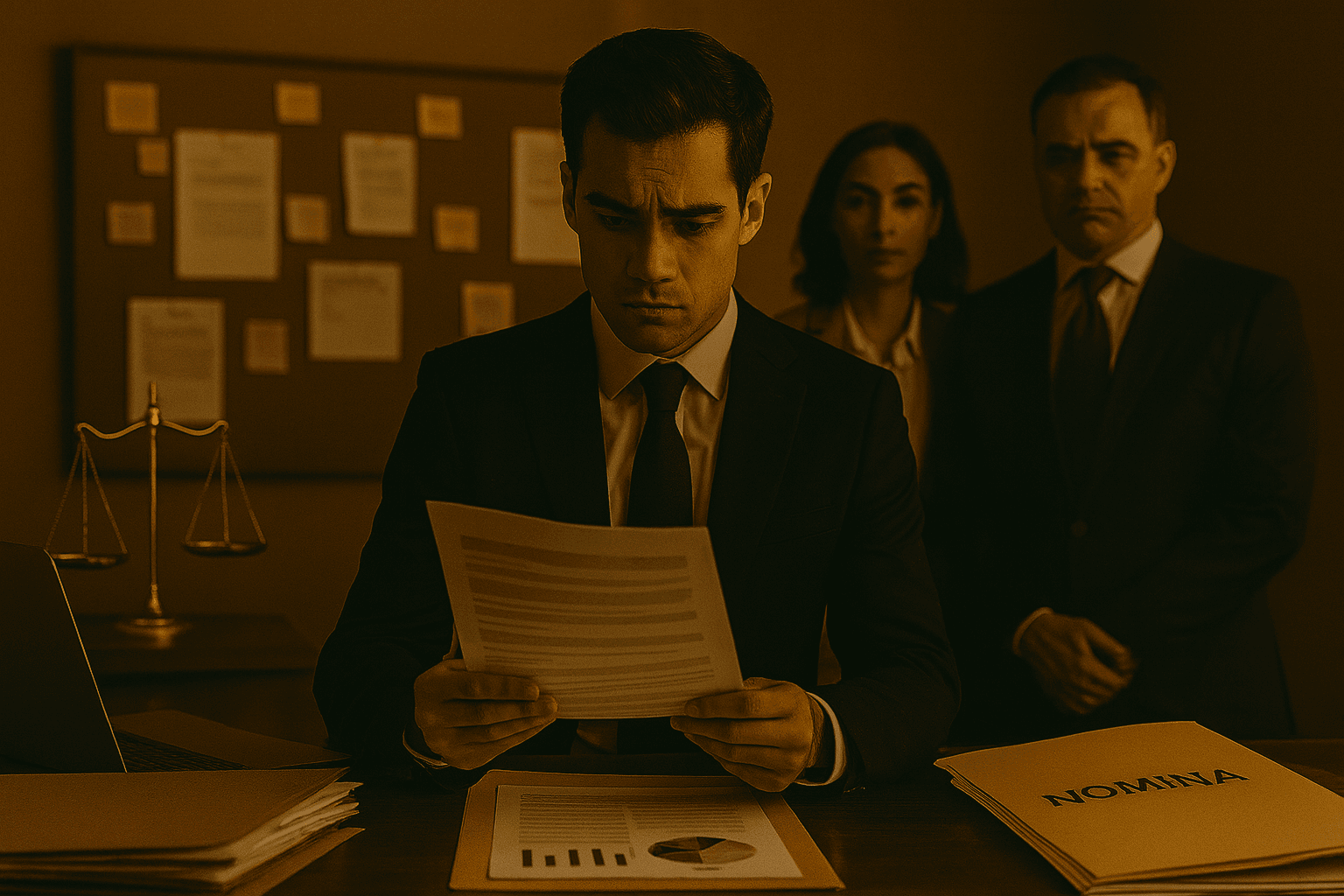 Inspectores laborales frente a empresario joven con documentos en mano, carpeta de nómina abierta y ambiente tenso en oficina.