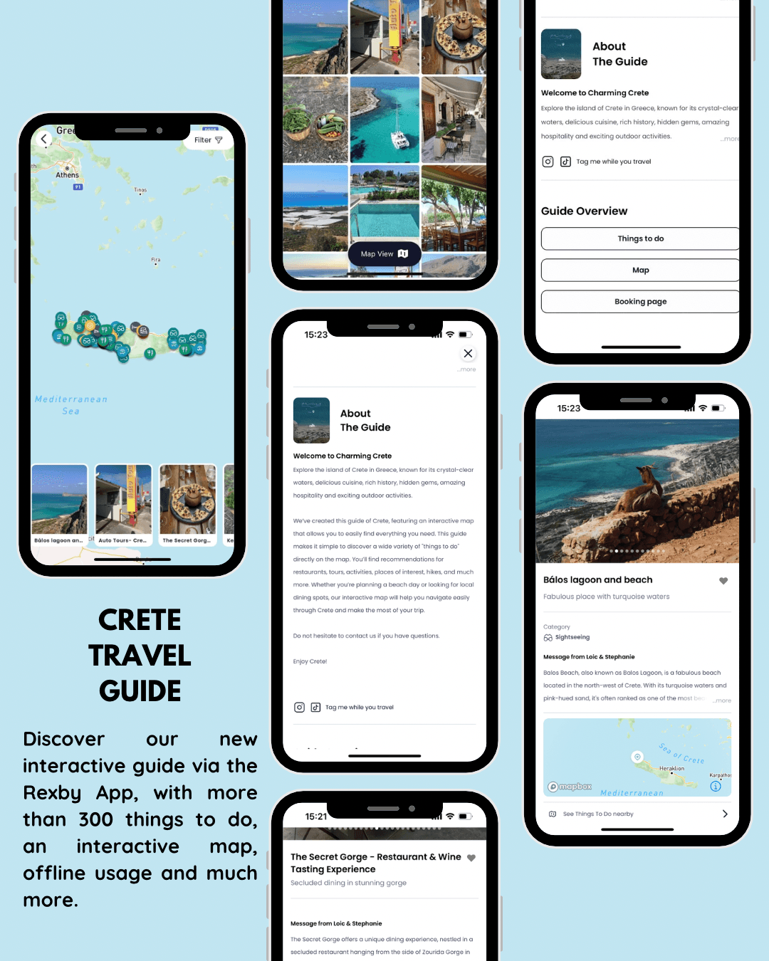 Screenshots of the Rexby Crete Travel Guide, showcasing the interactive map, detailed location information, and curated categories like beaches, food, hikes, and more. Screenshots of the Rexby Crete Travel Guide, showcasing the interactive map, detailed location information, and curated categories like beaches, food, hikes, and more.