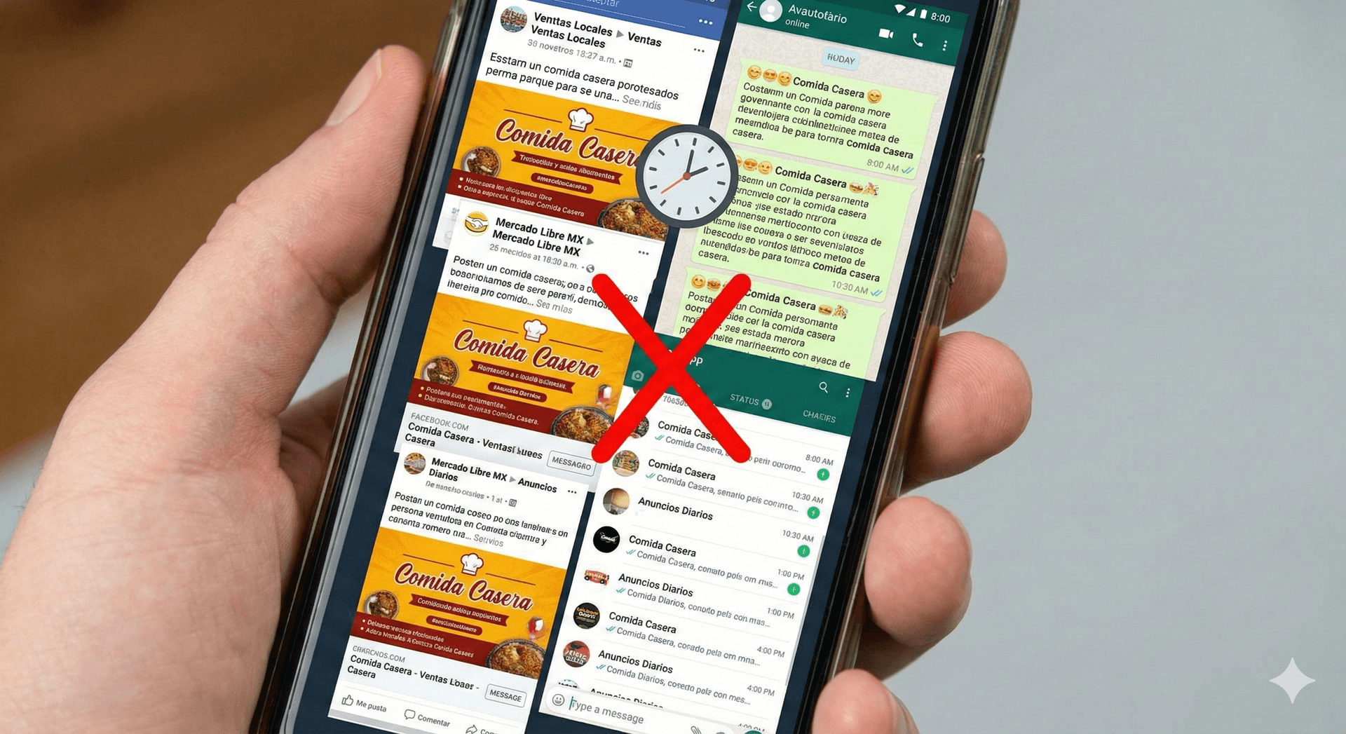 Primer plano de un smartphone mostrando una pantalla dividida y saturada con publicaciones repetitivas del mismo anuncio en múltiples grupos de ventas de Facebook y chats de WhatsApp a diferentes horas, marcados con una cruz roja gigante indicando una estrategia de marketing ineficaz y manual.