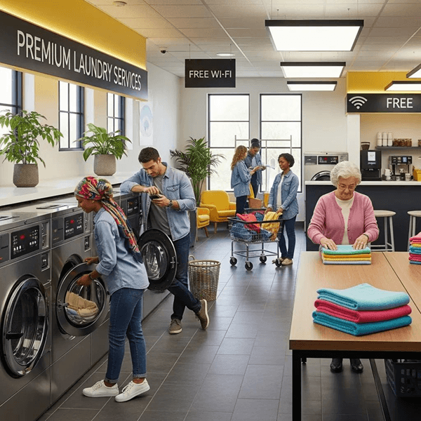 Modern laundromat with high-efficiency washers and dryers, showcasing a clean and inviting environment