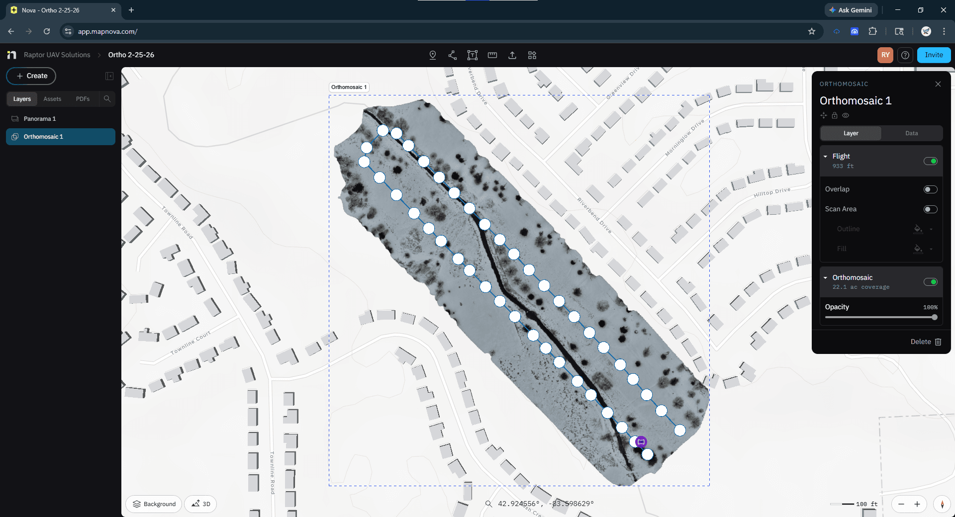 NOVA software interface screenshot showing drone orthomosaic mapping of a linear corridor in a residential neighborhood, with blue flight path overlay, 22.1 acre coverage, and layers panel