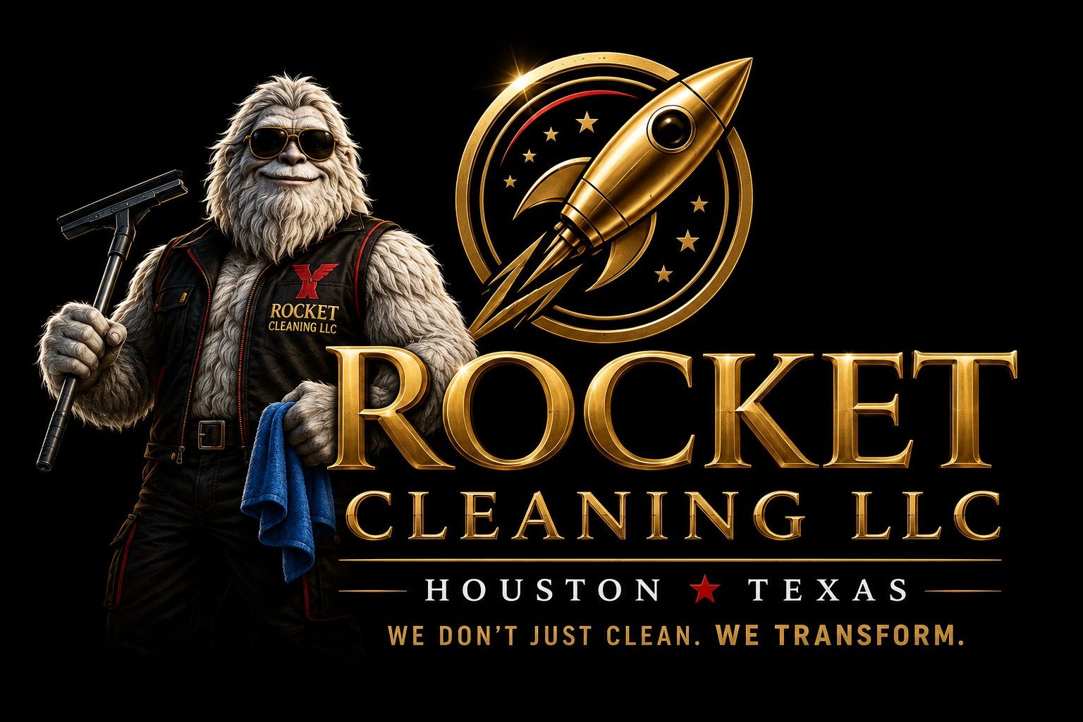 Rocket Cleaning LLC Houston logo with Yeti window-cleaning mascot