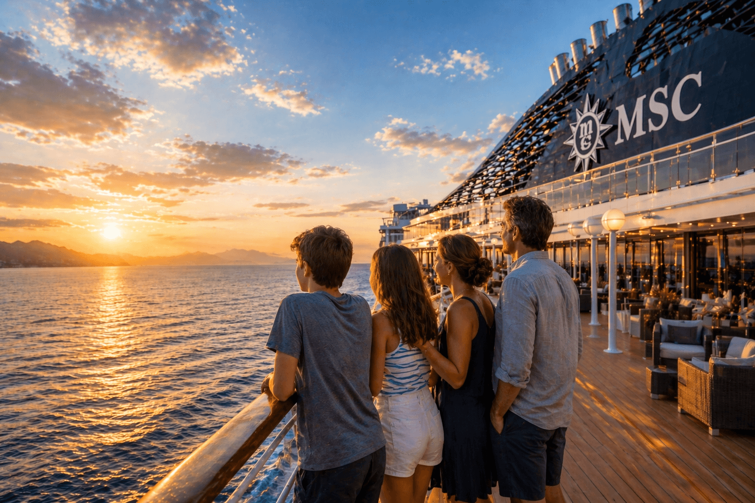 A family with two older kids stands on the deck of an MSC cruise ship at sunset, looking out over the ocean as golden light reflects on the water and the ship’s sleek exterior.