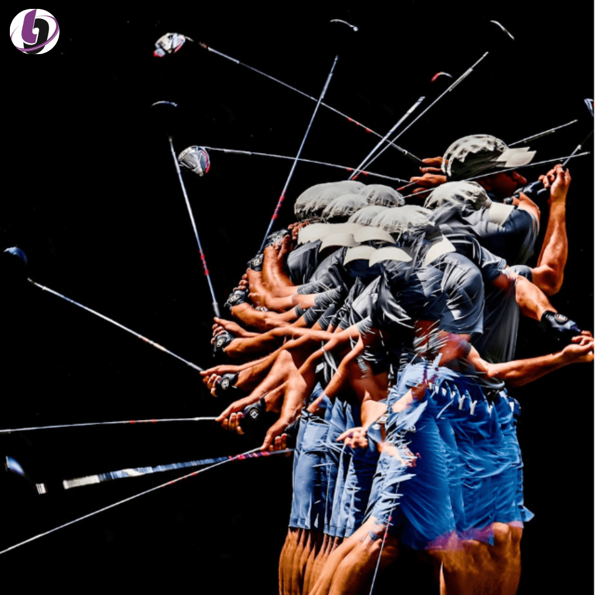 Multi-exposure golf swing sequence illustrating motion flow and timing of club and body through impact