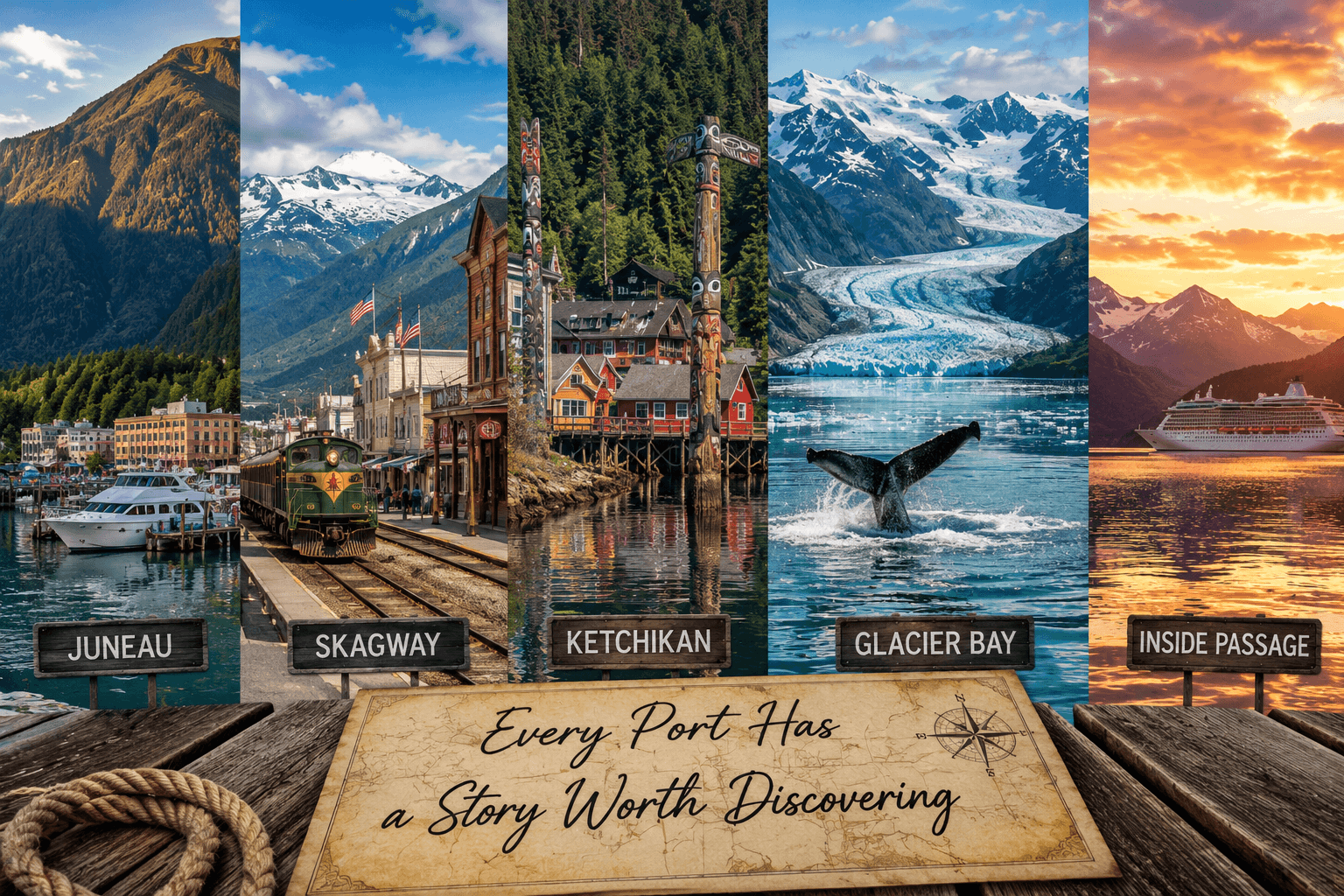 Collage of Juneau, Skagway, Ketchikan, Glacier Bay, and the Inside Passage in Alaska. Collage of Juneau, Skagway, Ketchikan, Glacier Bay, and the Inside Passage in Alaska.