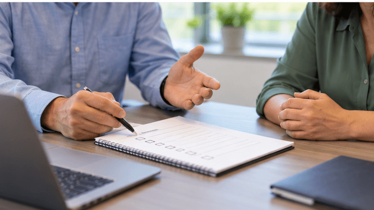 Two professionals discussing technology priorities with a planning checklist and laptop. Two professionals discussing technology priorities with a planning checklist and laptop.