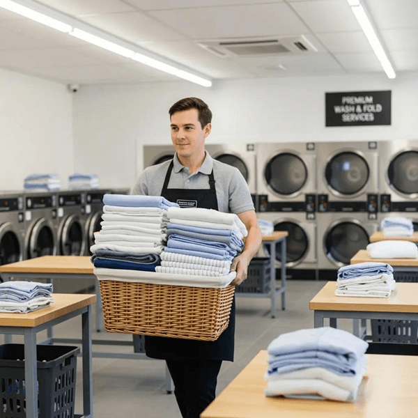 Staff member folding laundry in a clean laundromat, emphasizing the efficiency of wash-and-fold services