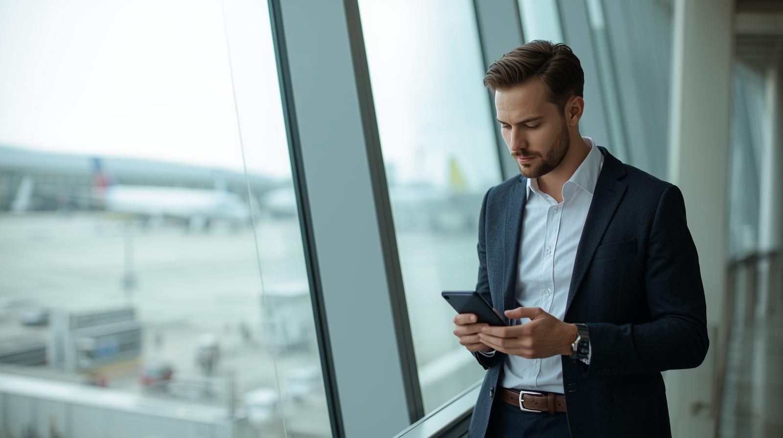 Business traveler checking real-time flight status and flight disruption alerts on a mobile device at the airport Business traveler checking real-time flight status and flight disruption alerts on a mobile device at the airport
