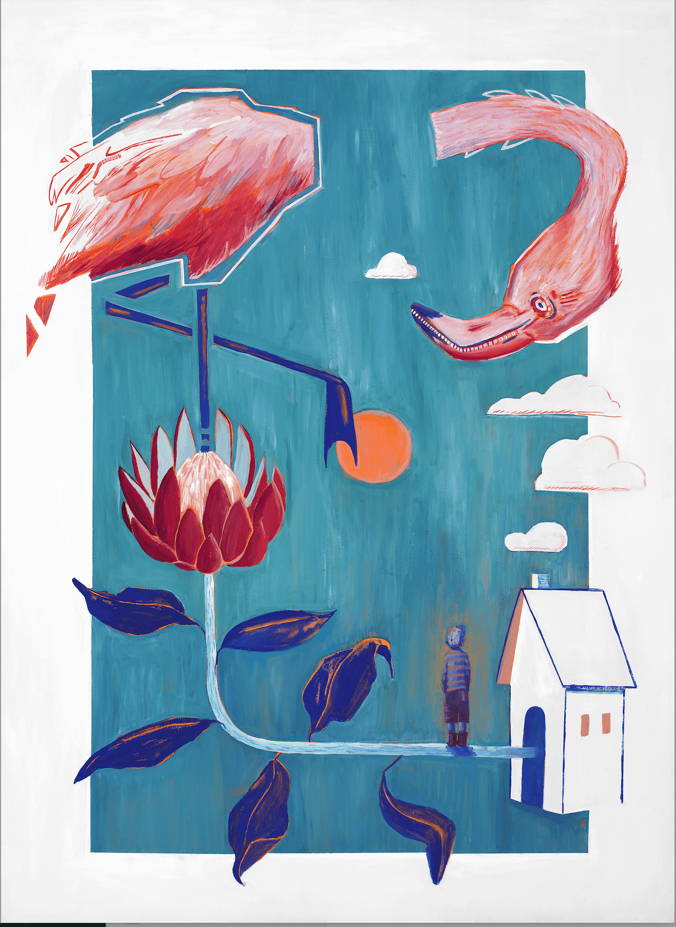 Surrealist acrylic and gouache painting on canvas by Jane the Stranger — large flamingo, protea flower, small figure and house in teal and coral, 52x36 inches