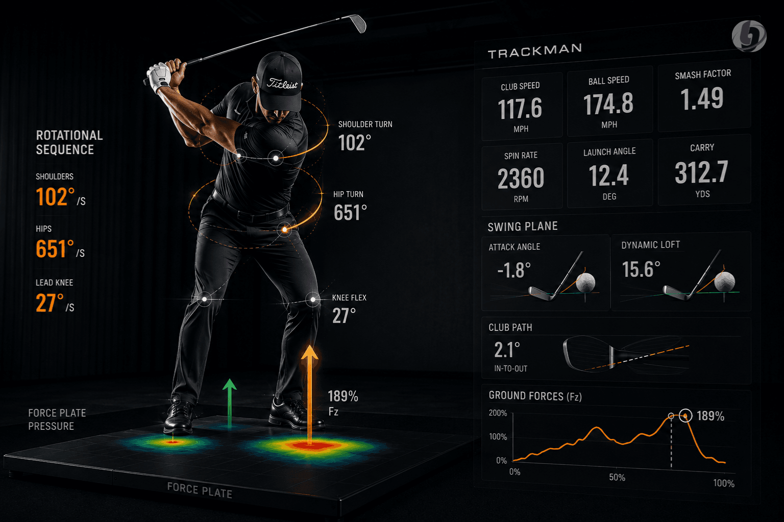 Golf biomechanics analysis using TrackMan and force plate technology to measure swing speed, rotational sequencing, and ground reaction forces