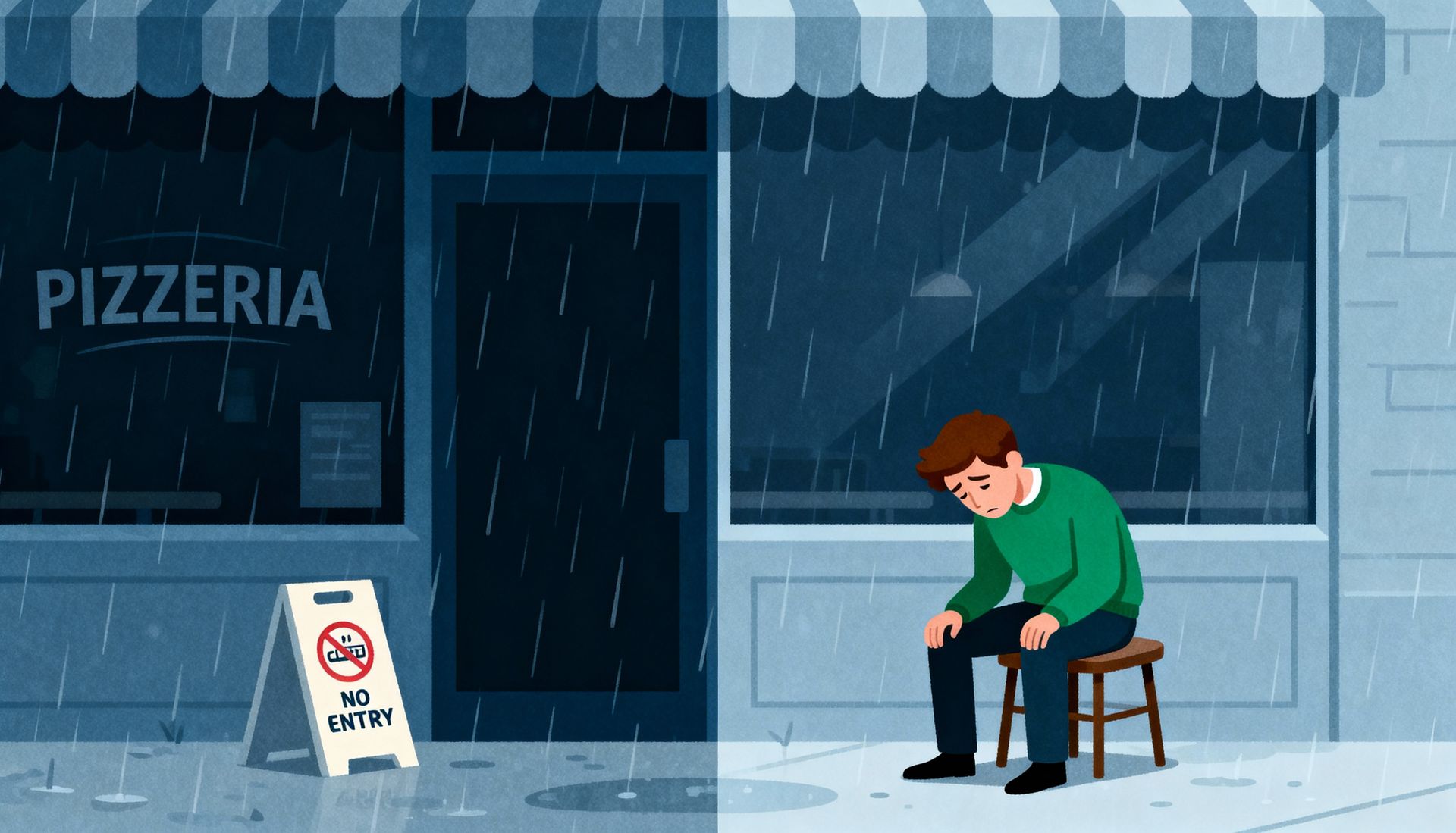 Before: empty pizzeria in the rain