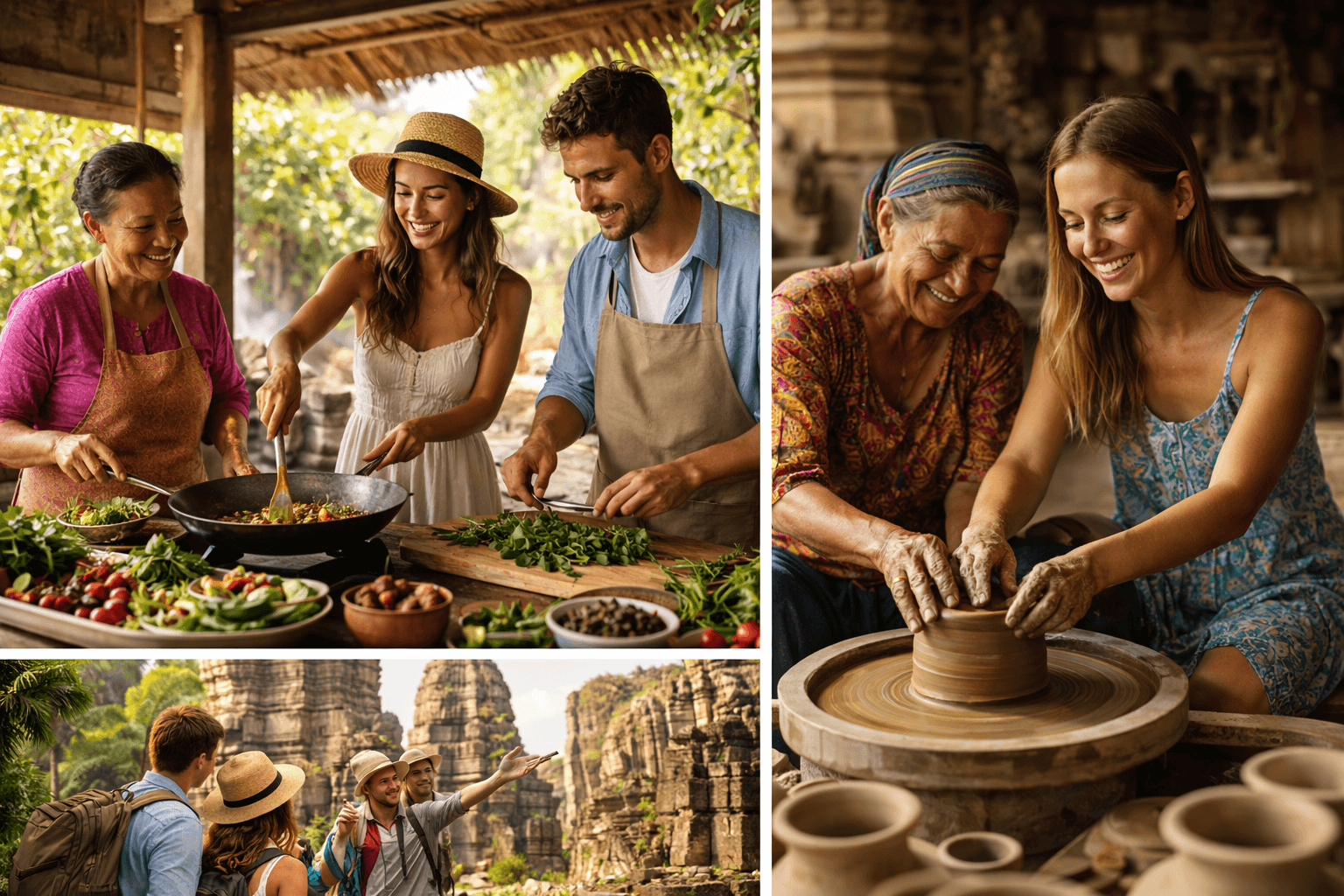 Travelers learning cooking, exploring ruins, and pottery with locals Travelers learning cooking, exploring ruins, and pottery with locals