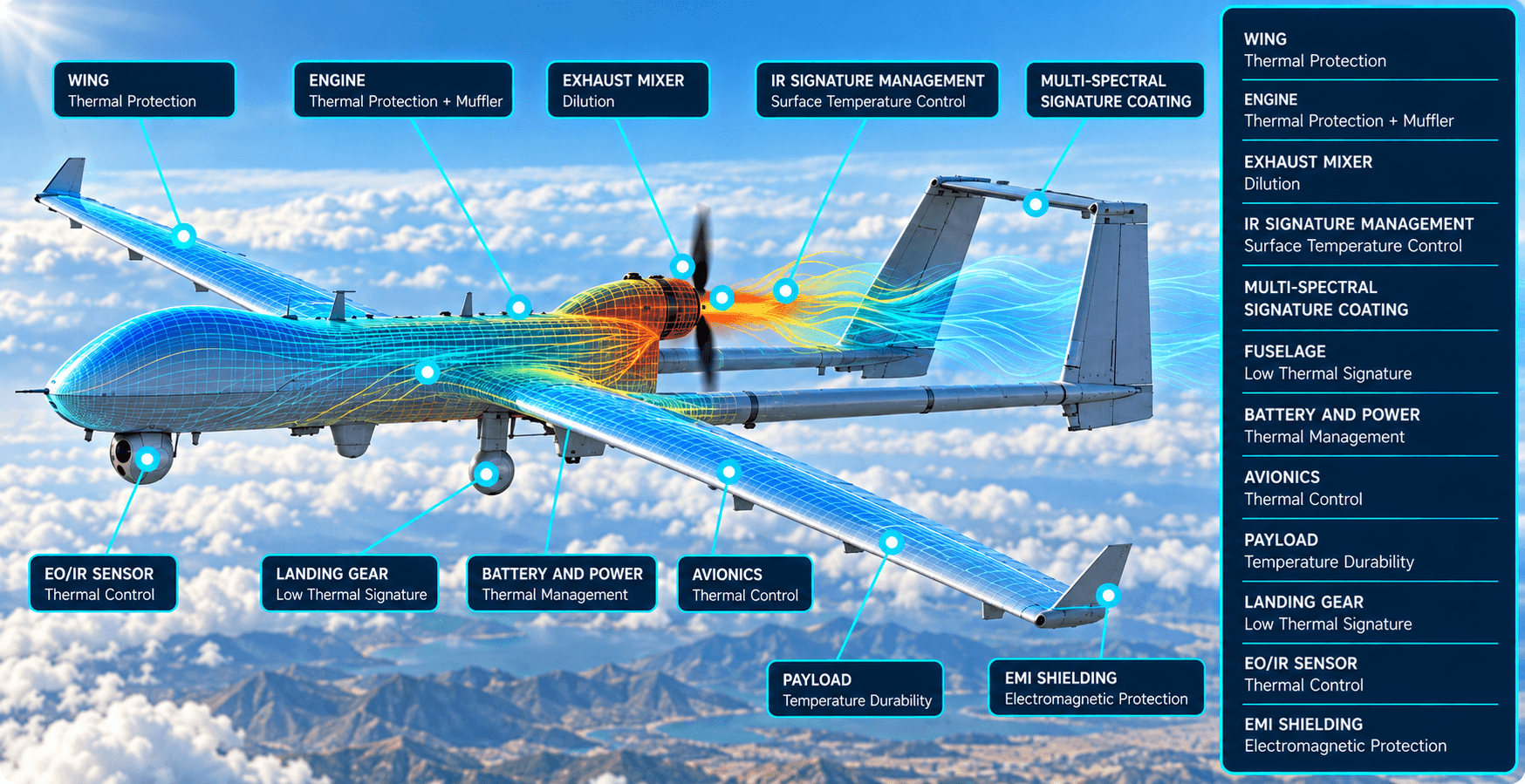 UAV/UCAV platform exhaust, avionics and payload heat paths