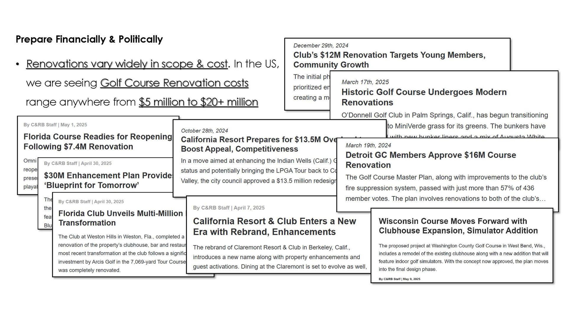 Image of news clips about golf course renovation and busgets.