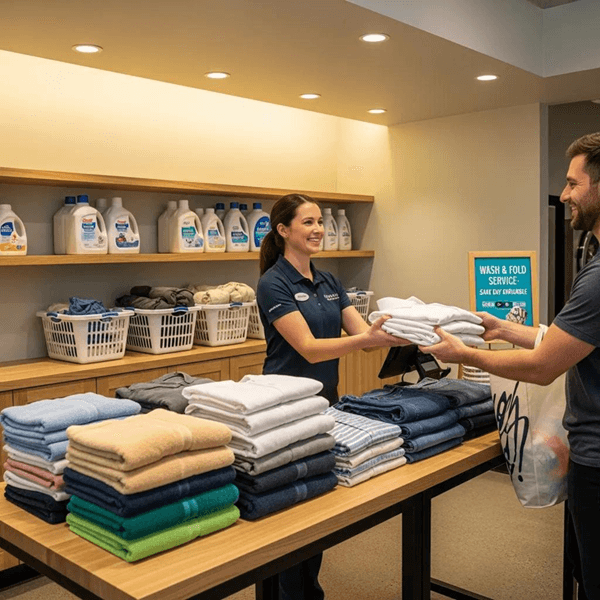 Wash-and-fold service area in a laundromat with neatly folded clothes and staff assistance