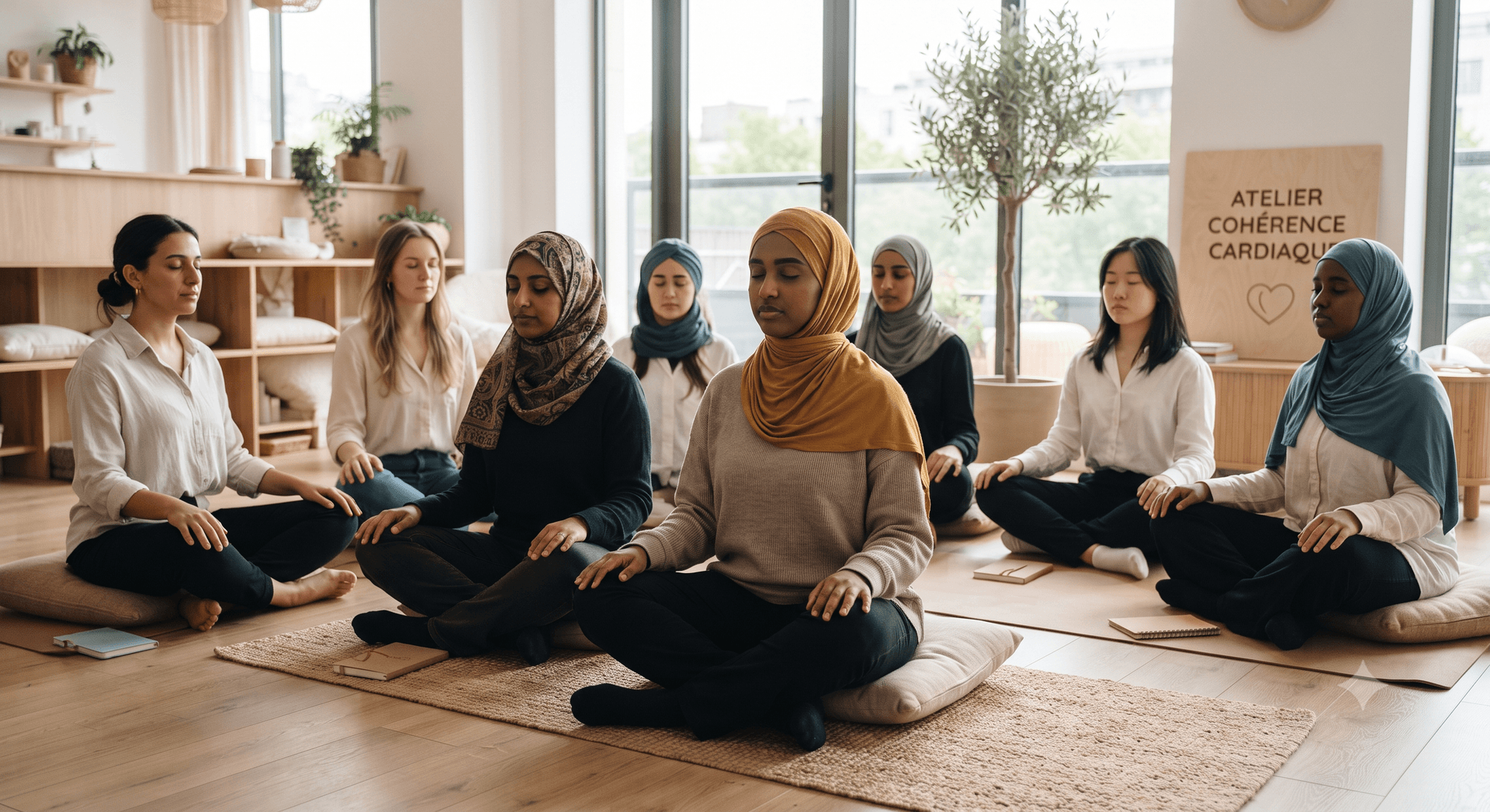 Four diverse women seated together in warm-lit living room, engaged in heartfelt spiritual conversation and community connection Four diverse women seated together in warm-lit living room, engaged in heartfelt spiritual conversation and community connection