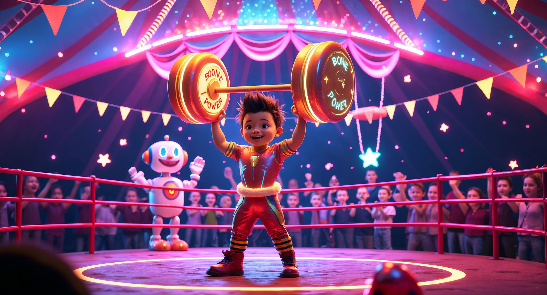 Animated scene of a smiling boy named George in a red superhero outfit lifting glowing orange weights marked “Bone Power” inside a colorful circus tent, surrounded by cheering children and a friendly robot under star lights and bright bunting. Animated scene of a smiling boy named George in a red superhero outfit lifting glowing orange weights marked “Bone Power” inside a colorful circus tent, surrounded by cheering children and a friendly robot under star lights and bright bunting.