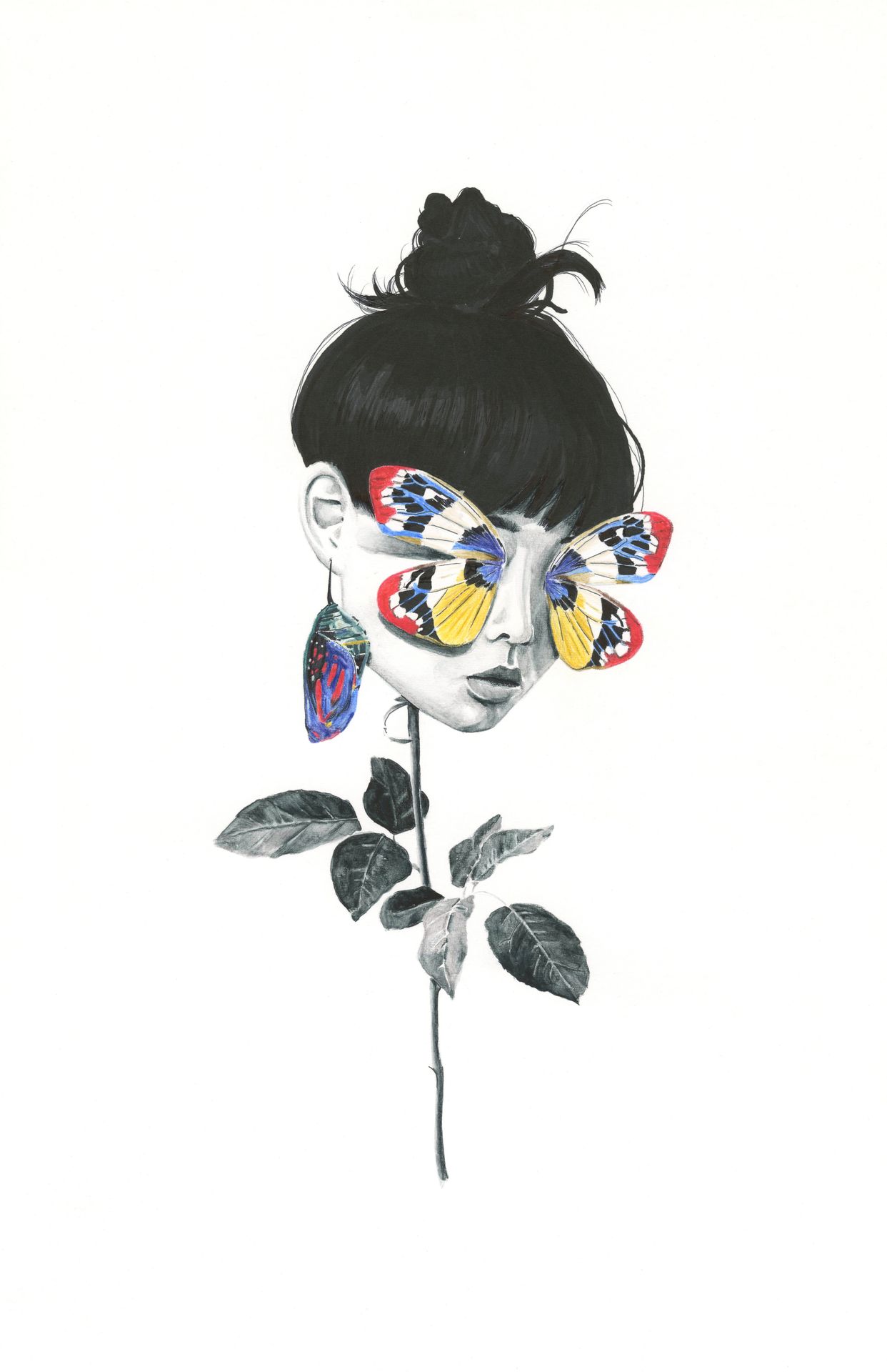Watercolor and mixed media flowerfly figure by Jane the Stranger — female head with topknot as flower, vivid red yellow and blue butterfly covering eyes, chrysalis earring, dark rose stem