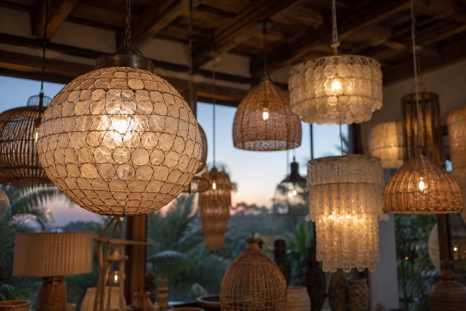 A cluster of capiz shell pendant lights and woven rattan lampshades hanging from a wooden beamed ceiling in a Bali lighting showroom, glowing warm against a dusk sky. A cluster of capiz shell pendant lights and woven rattan lampshades hanging from a wooden beamed ceiling in a Bali lighting showroom, glowing warm against a dusk sky.