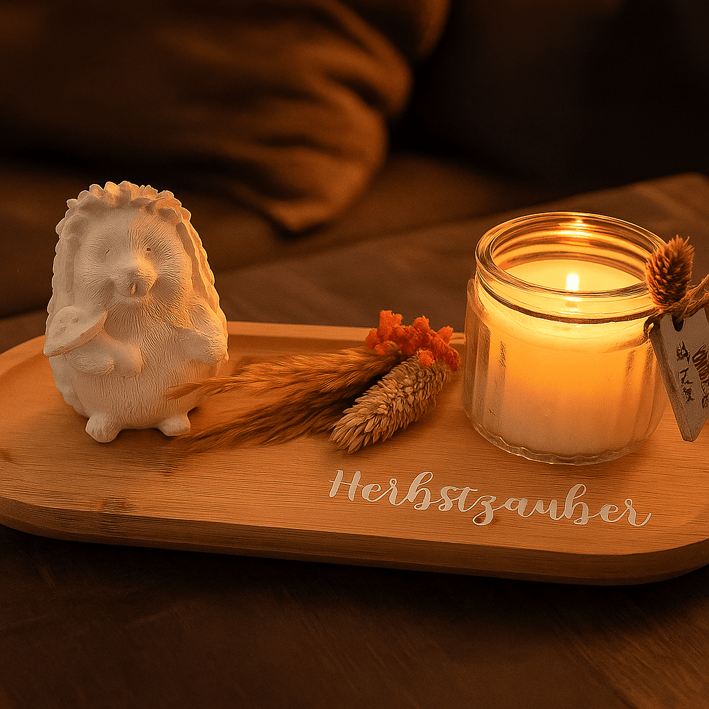 Herbstzauber Deko mit Igel-Figur, Kerze und Trockenblumen auf kleinem Tablett – handgemachte Geschenkidee von Zauberwerk Herbstzauber Deko mit Igel-Figur, Kerze und Trockenblumen auf kleinem Tablett – handgemachte Geschenkidee von Zauberwerk