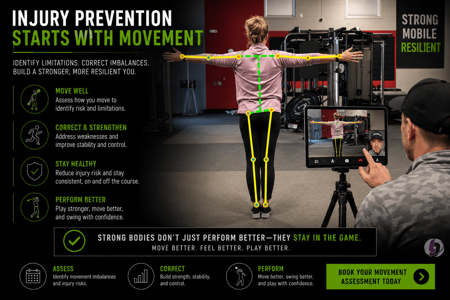 Golf physical assessment evaluating movement limitations, posture, mobility, and stability for improved golf performance and injury prevention