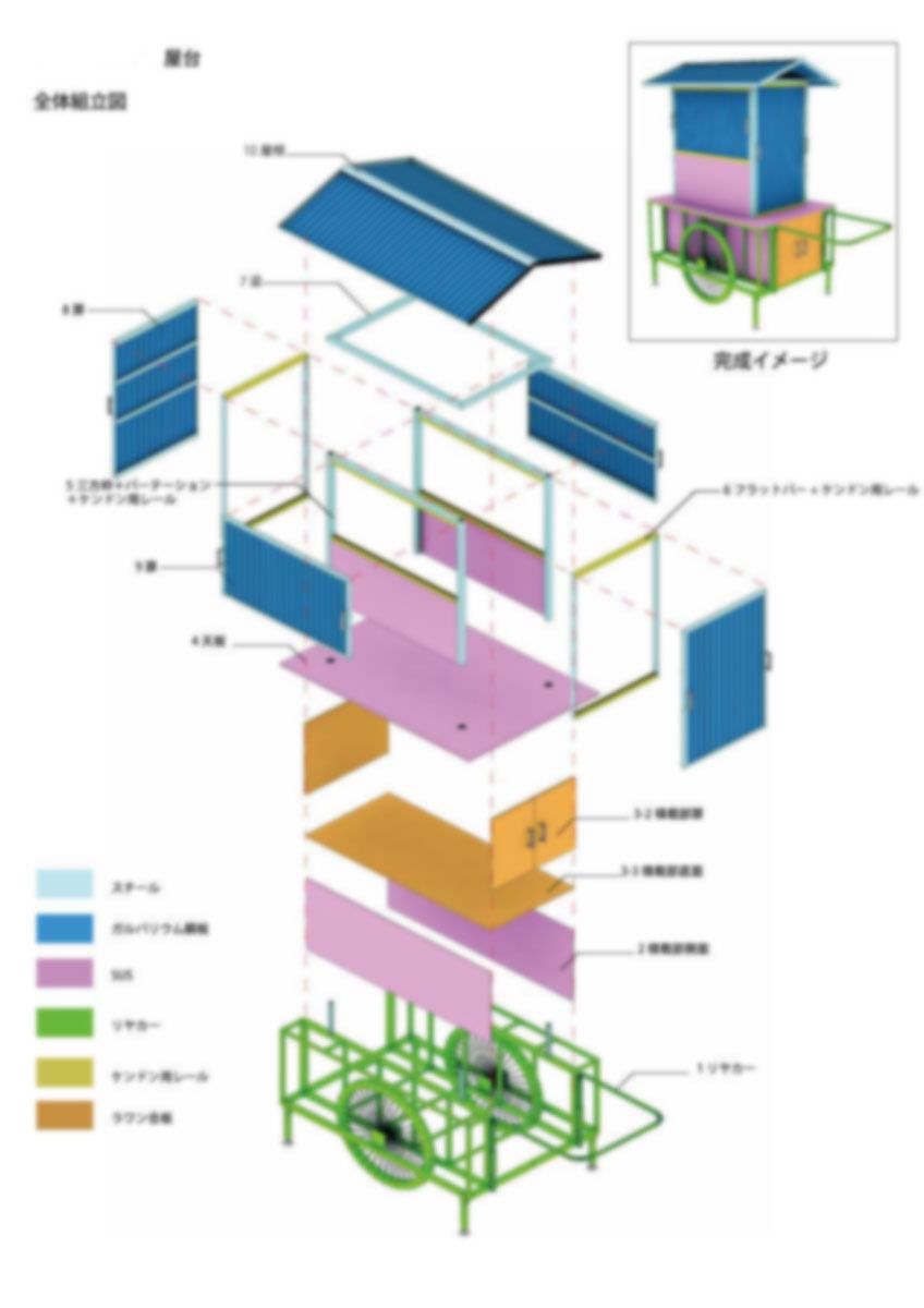 特注屋台・組立式金物什器の3D CADによる分解組立図 特注屋台・組立式金物什器の3D CADによる分解組立図
