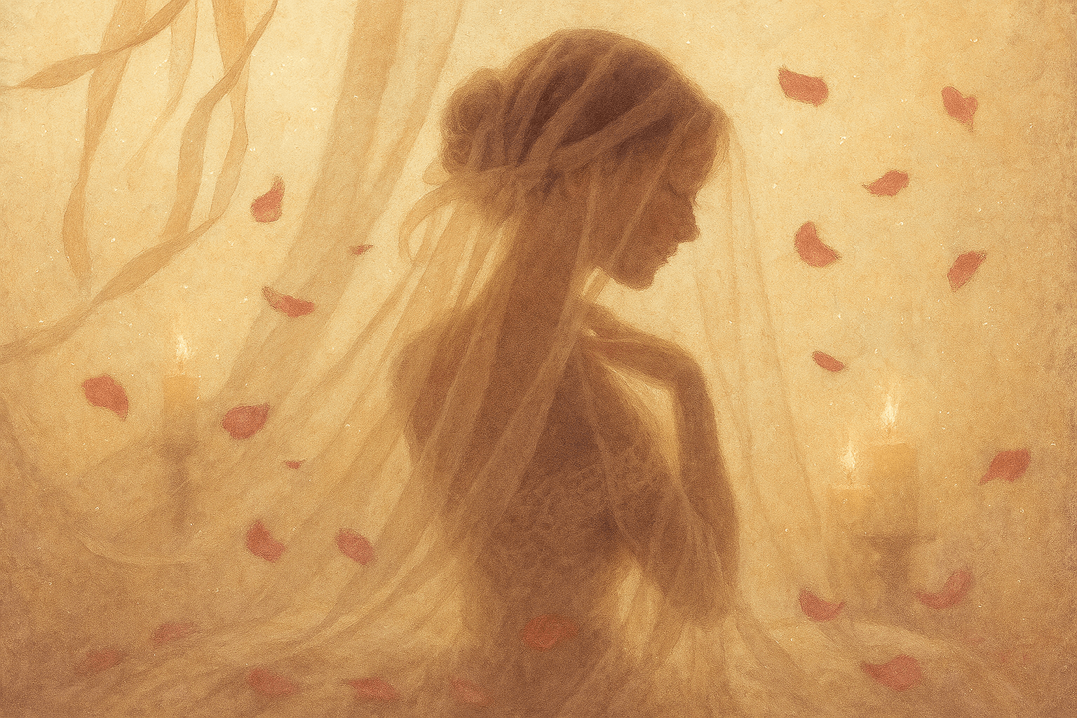 Silueta femenina entre velos y listones, rodeada de pétalos rosados sobre fondo lunar con encaje. Imagen mística y coquette de ternura y poder silencioso. Silueta femenina entre velos y listones, rodeada de pétalos rosados sobre fondo lunar con encaje. Imagen mística y coquette de ternura y poder silencioso.