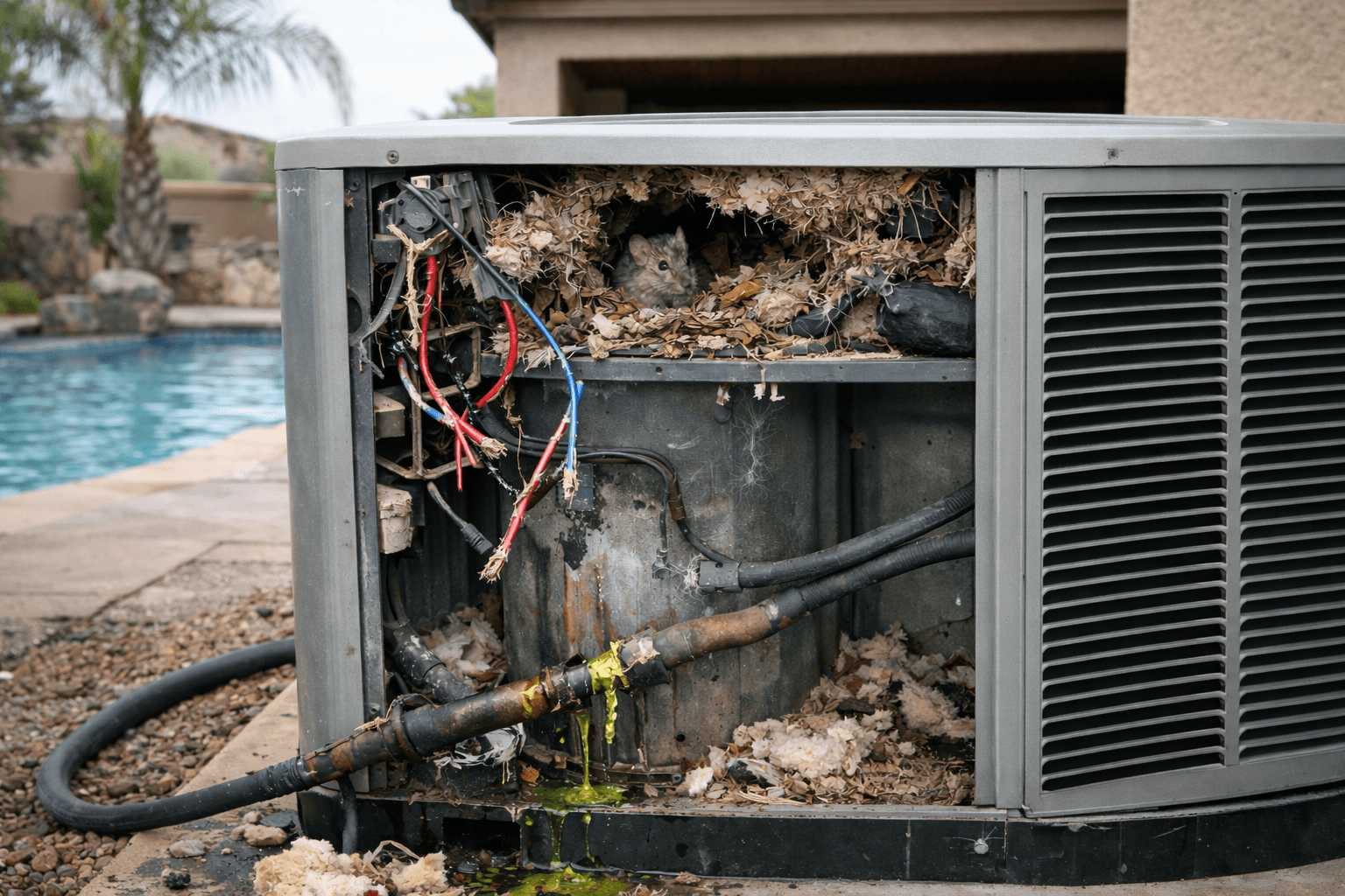 Mess made by Pack Rat Nesting in Air Conditioner Unit with damaged wires and hoses during Arizona winter downtime.