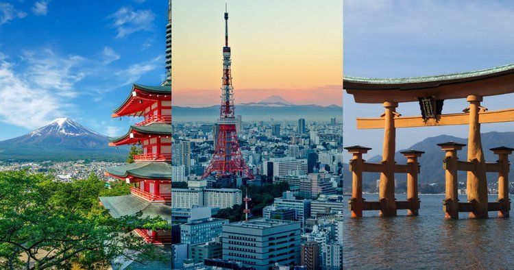 Mount Fuji, Tokyo Tower, and Miyajima's torii gate in Japan.