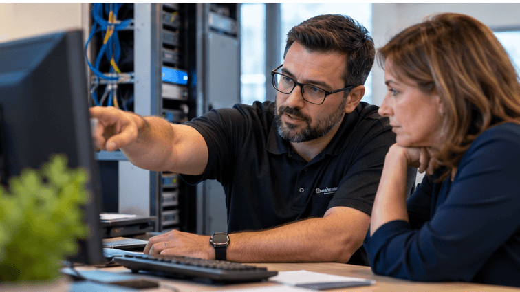 IT support professional helping an employee investigate a computer problem in an office. IT support professional helping an employee investigate a computer problem in an office.
