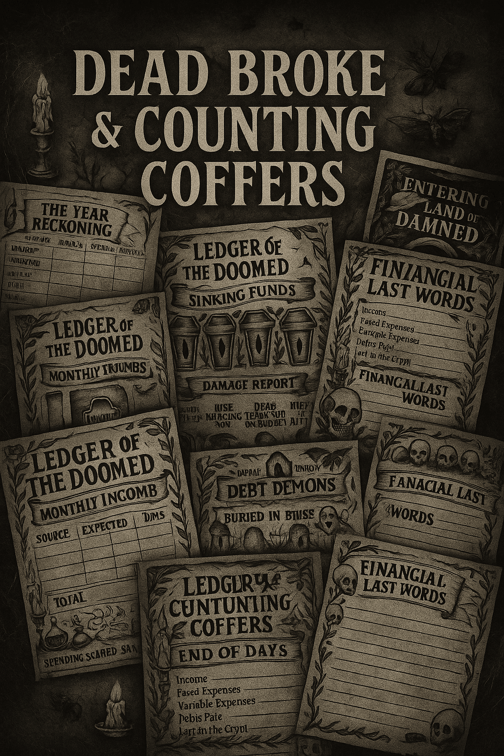 Dark sepia-toned collage of gothic budgeting worksheets from the ‘Dead Broke & Counting Coffers’ collection. Pages feature titles like ‘Ledger of the Doomed,’ ‘Debt Demons,’ and ‘Financial Last Words,’ with illustrations of coffins, skulls, and gravestones in a distressed, horror-inspired style. Dark sepia-toned collage of gothic budgeting worksheets from the ‘Dead Broke & Counting Coffers’ collection. Pages feature titles like ‘Ledger of the Doomed,’ ‘Debt Demons,’ and ‘Financial Last Words,’ with illustrations of coffins, skulls, and gravestones in a distressed, horror-inspired style.