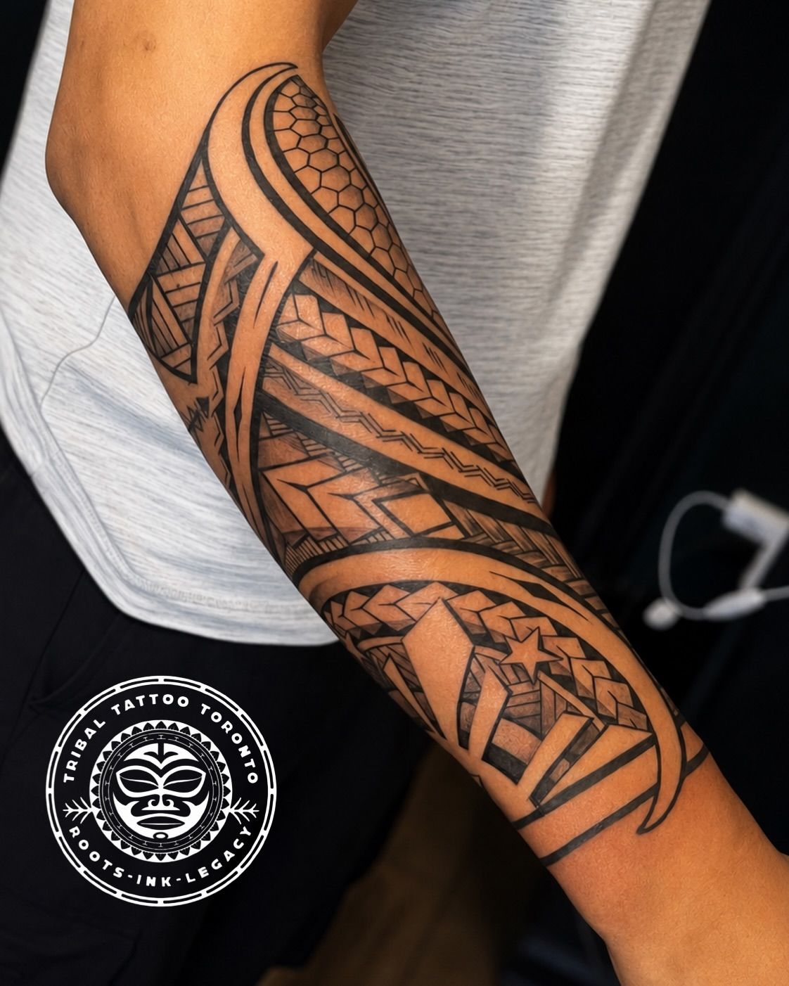 Custom freehand tribal forearm sleeve tattoo by Tribal Tattoo Toronto, one-of-a-kind Maori pattern Custom freehand tribal forearm sleeve tattoo by Tribal Tattoo Toronto, one-of-a-kind Maori pattern