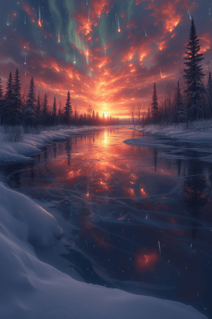 Snowy Minnesota winter sunset with icy lake and pine trees- symbolizing creativity and fresh beginnings for Netty'sPoolofDesignz blog