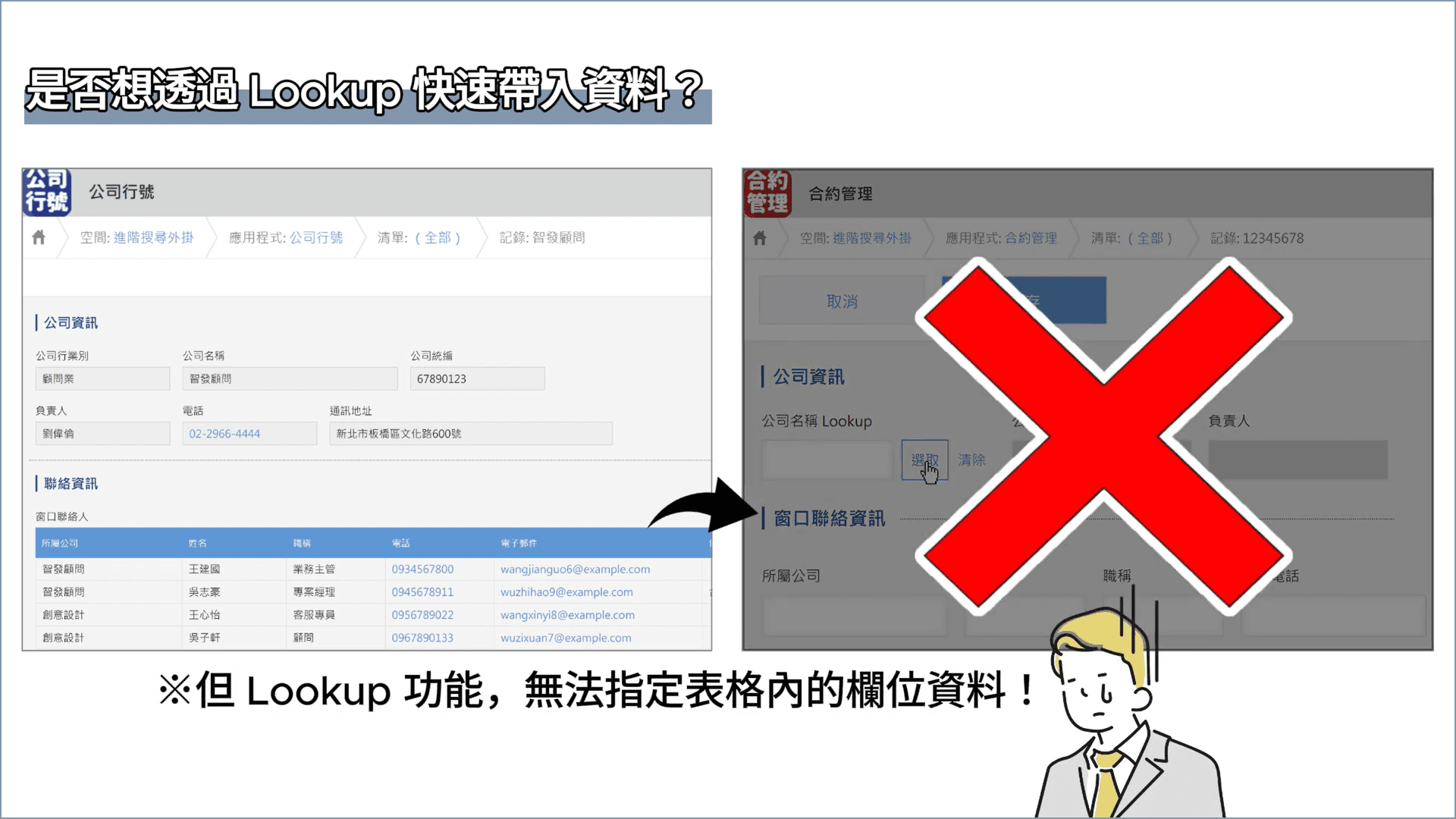 kintone Lookup 無法寫入表格內欄位資料的示意圖。 kintone Lookup 無法寫入表格內欄位資料的示意圖。