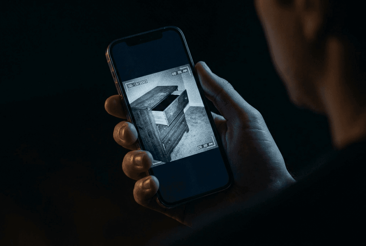 Hand holding smartphone displaying grainy black and white security camera feed of empty bedroom dresser