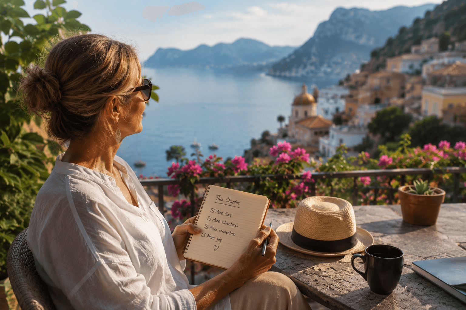 Woman overlooking a scenic coastal village while journaling and reflecting on the kind of vacation that best fits her current stage of life, with ocean views, flowers, and a peaceful terrace. Woman overlooking a scenic coastal village while journaling and reflecting on the kind of vacation that best fits her current stage of life, with ocean views, flowers, and a peaceful terrace.