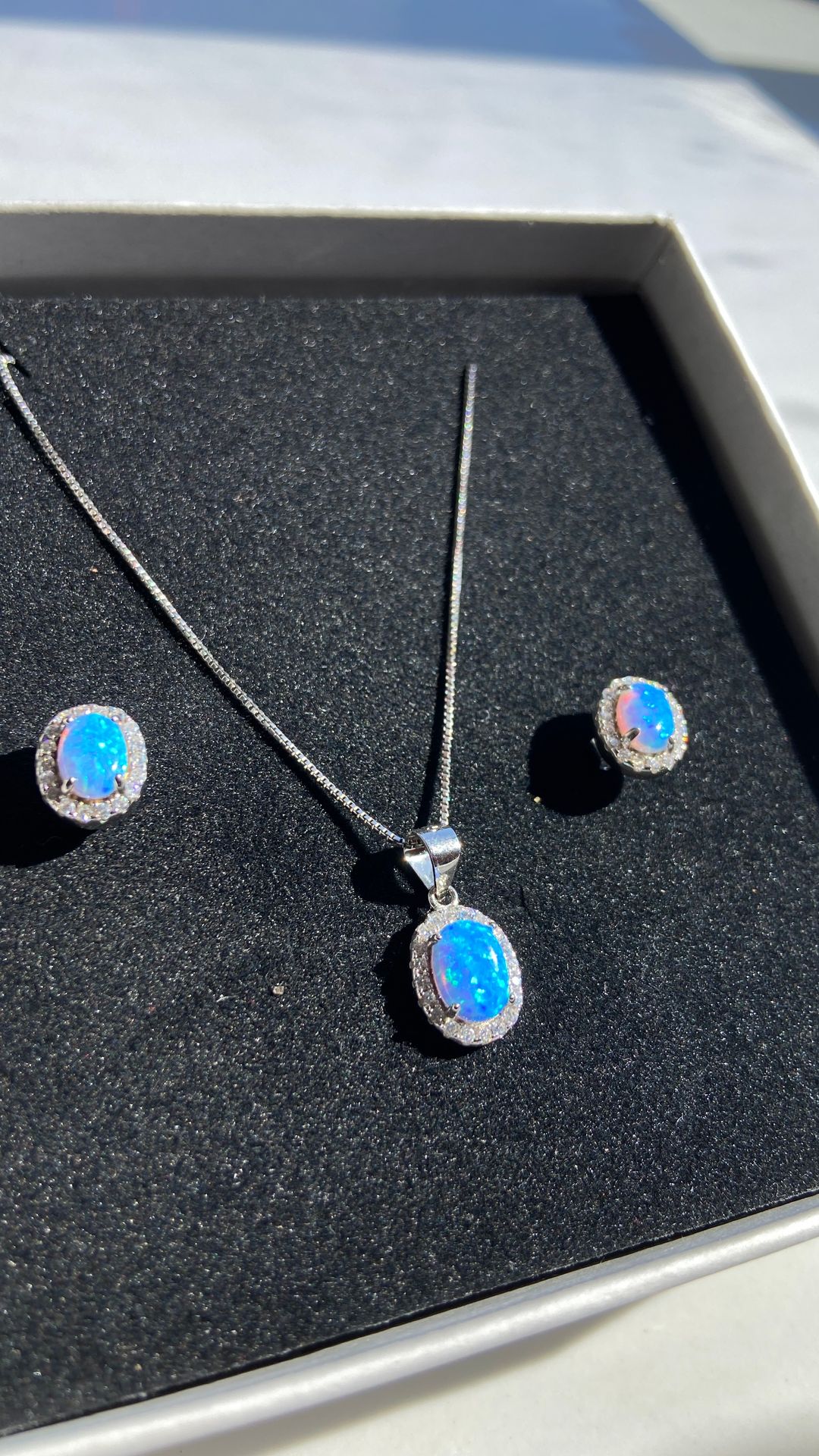 Diamond opal earrings and necklace set on a silver 925 box chain exclusively by Deep Shine Jewellers