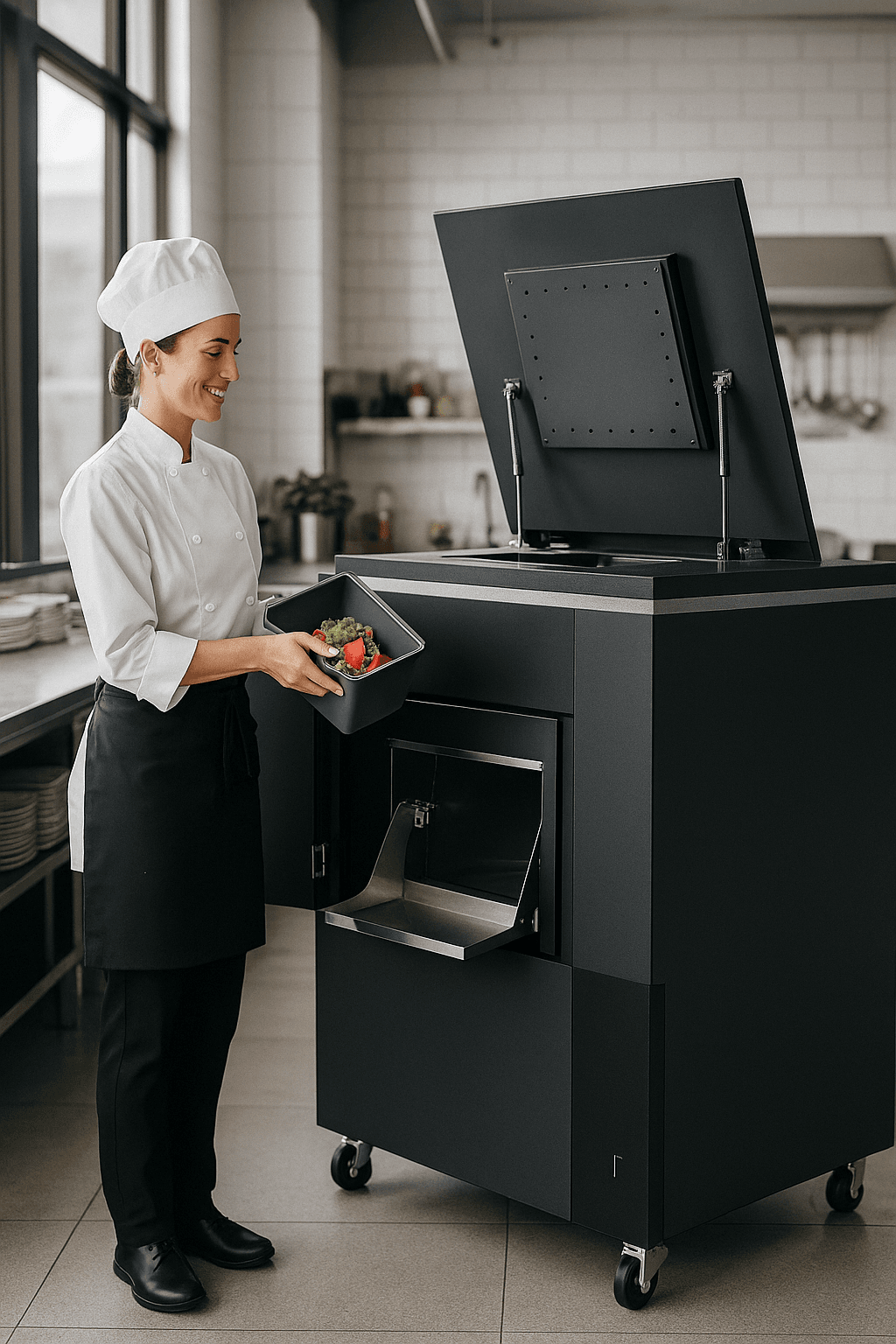 Una chef profesional, vestida con uniforme de cocina, deposita restos de vegetales frescos en una máquina de compostaje automatizado en una cocina limpia y moderna. La imagen representa prácticas sostenibles en la gestión de residuos orgánicos, economía circular y compostaje en origen para el sector gastronómico.