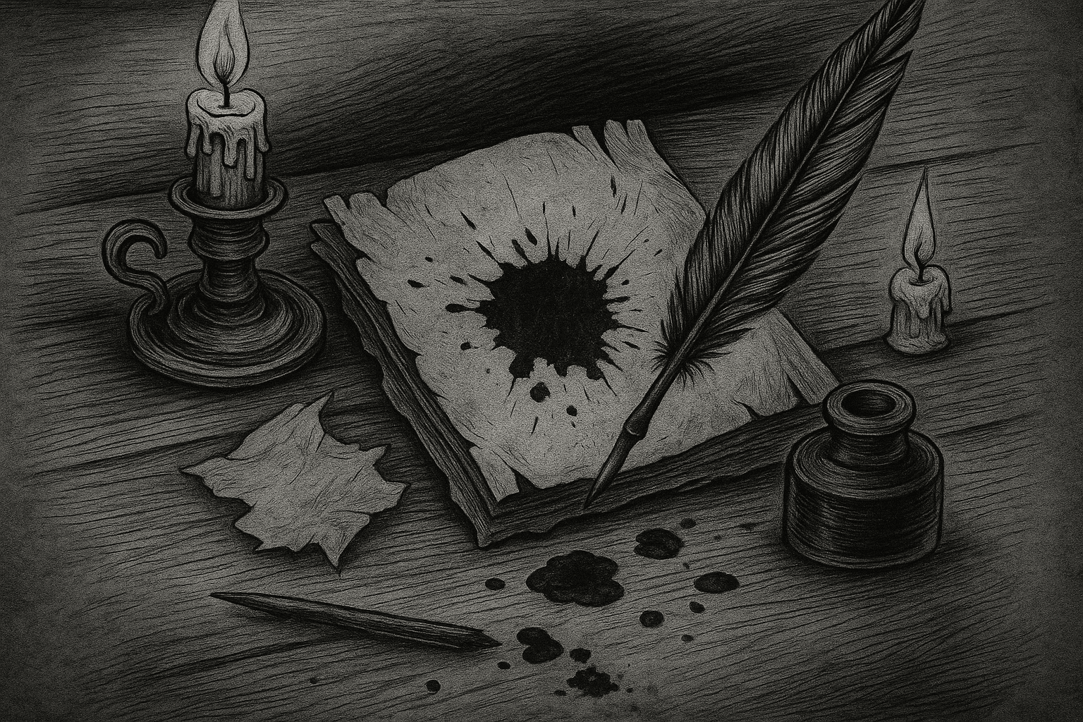 Black-and-white ink drawing of a torn journal page with a large ink blot, surrounded by a quill pen, ink bottle, dripping candles, a crumpled leaf, and scattered ink stains. Gothic vintage style with a dark, moody tone.