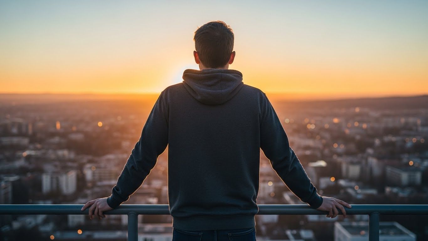 Pessoa vista de costas em uma sacada, observando a cidade ao amanhecer, com luz dourada no horizonte, representando reflexão, visão de futuro e confiança no caminho à frente.
