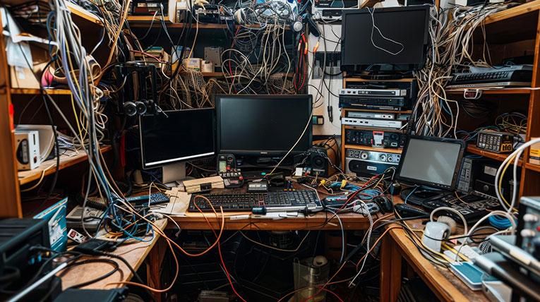 Small office network equipment and tangled cables illustrating disconnected technology decisions. Small office network equipment and tangled cables illustrating disconnected technology decisions.