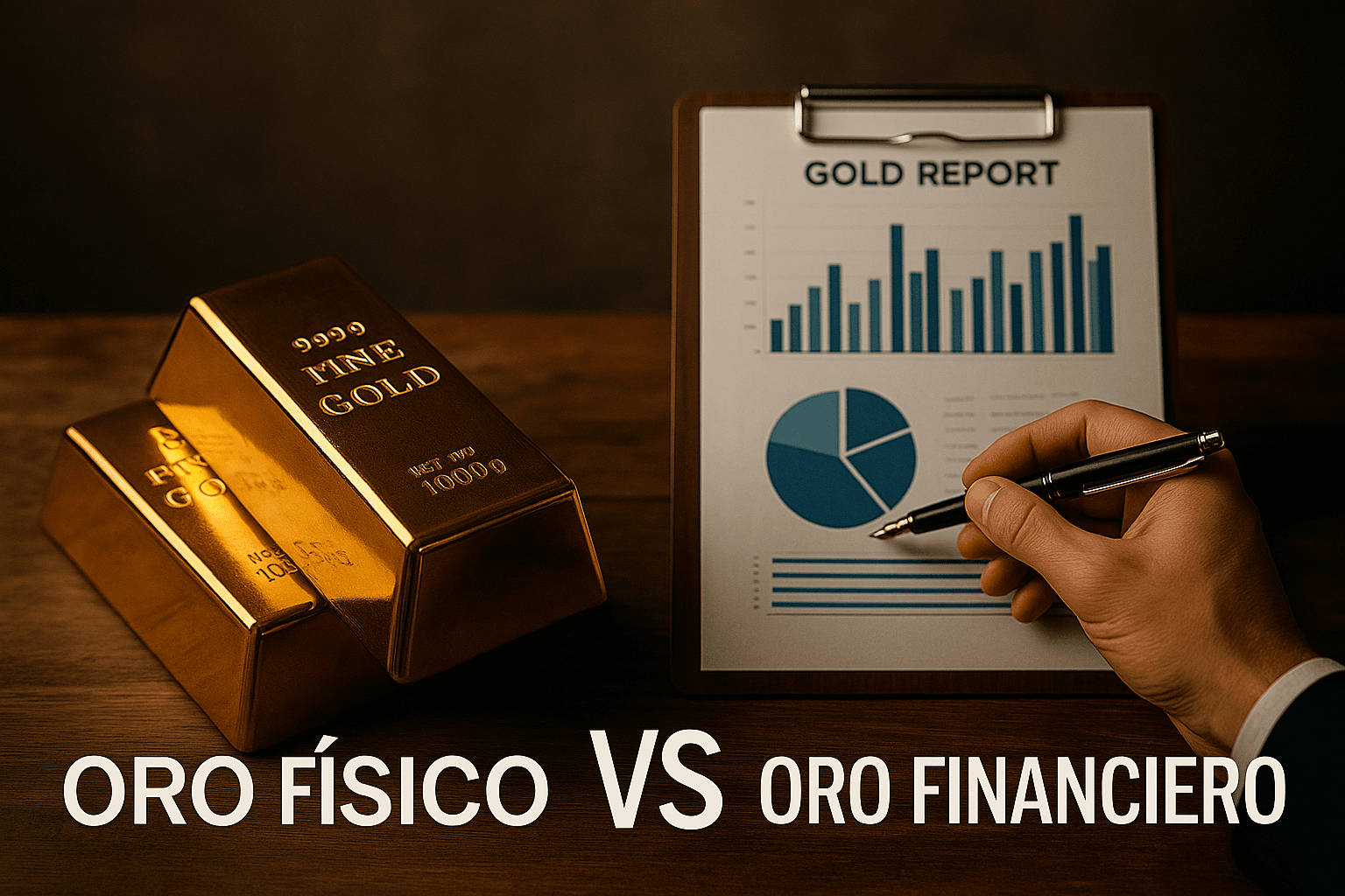 Comparación visual entre oro físico en lingotes y representaciones digitales de oro financiero.