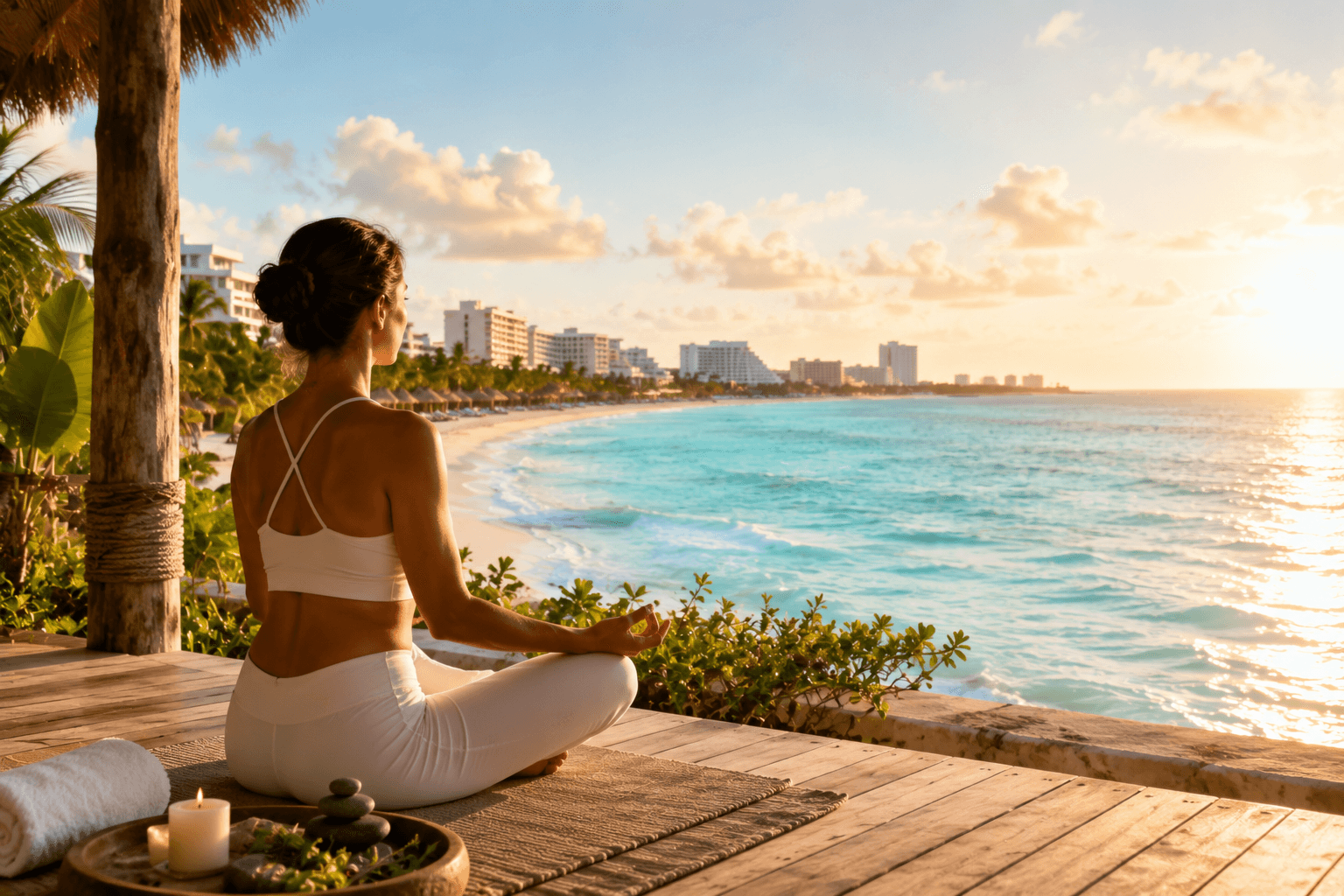 Woman practicing yoga meditation on a peaceful beachfront deck in Cancun at sunrise, overlooking turquoise Caribbean waters with a luxury resort coastline in the background. Woman practicing yoga meditation on a peaceful beachfront deck in Cancun at sunrise, overlooking turquoise Caribbean waters with a luxury resort coastline in the background.